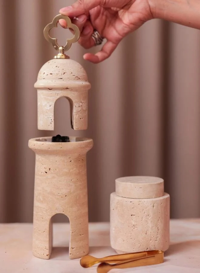 كازا كيسيرا مبخرة بخور برج ترافرتين مع صندوق تخزين وملقط من كاسا كيسيرا